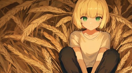 Sticker - A stylish anime girl with blond hair and vibrant green eyes relaxes in dry grass, dressed simply yet chic.