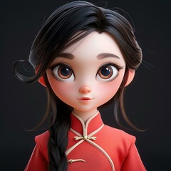 Poster - Create a stunning 3D character design featuring a Chinese dragon with big eyes and long black hair on a black background.