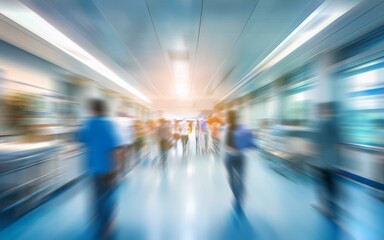 Poster - A blurry image of people walking through a hallway with bright lights.