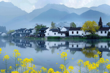 Poster - In spring, rapeseed flowers bloom, and houses by the lake