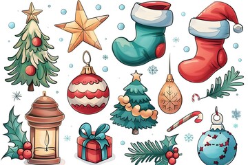 Poster - Christmas design elements, vector set Big set of Christmas design elements in doodle style generative AI
