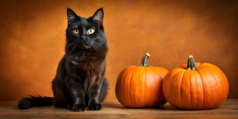 A cute black cat sitting next to a pumpkin in a Halloween themed setting, cat, pumpkin, Halloween, black cat, spooky, autumn