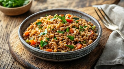 34. Bowl of tender organic farro grain, served with sauteed vegetables and a sprinkle of herbs, displayed on a rustic wooden board with a fork and napkin