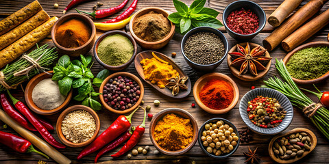 Assorted spices and herbs on rustic wooden table, cooking, ingredients, flavor, seasoning, culinary, culinary, spicy