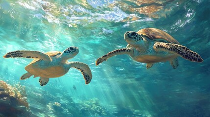 Canvas Print - Underwater scene with sea turtles swimming gracefully