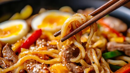 101. Close-up of spicy rice noodles with vibrant vegetables, tender meat slices, and boiled eggs, all coated in a rich Schezwan chili sauce, held by chopsticks