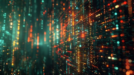 Poster - Abstract digital art piece featuring glowing lines and dots in vibrant colors against a dark background. This visual represents a futuristic and dynamic concept.