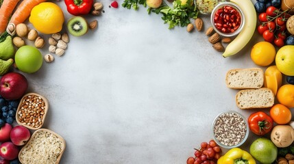 assorted fresh fruits, vegetables, and grains on a gray background highlighting balanced diet and nu