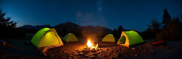 Wall Mural - 360 degree image of a scenic campsite in a wilderness setting, with tents pitched, a campfire burning, under the stars surrounded by nature, 360 degree Outdoor Adventure Camping Site.