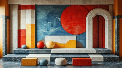 Abstract geometric mural with colorful shapes and textured surfaces.