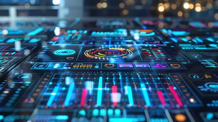 Poster - Close-up of a futuristic digital interface with various graphical elements, screens, and data displays. It evokes a sense of advanced technology and innovation.