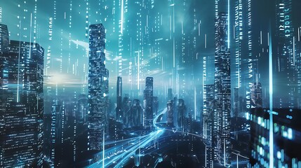 Poster - Futuristic cityscape illuminated by neon lights, with data streams flowing through the buildings, representing the convergence of technology and urban life.