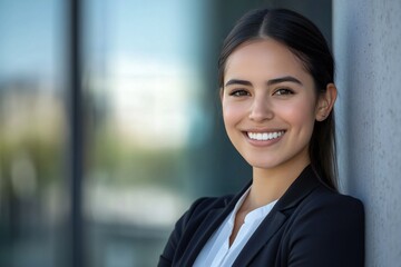 Closeup headshot outdoor portrait of young businesswoman standing office building. Successful smiling mexican american woman in casual business suit looking aside. Copy space