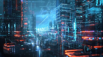 Poster - futuristic cityscape rendered with digital lines and glowing lights in vibrant blue and red hues, sh
