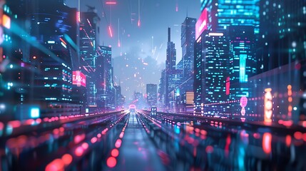 Poster - digital rendering of a futuristic city at night, with neon lights illuminating the skyscrapers and s