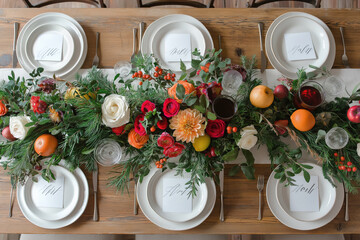 A table with a white tablecloth and a long floral arrangement of flowers