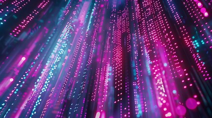 Poster - Vibrant abstract background with neon lights. The image features a dynamic and futuristic pattern of glowing lines and dots, creating a sense of energy and movement.