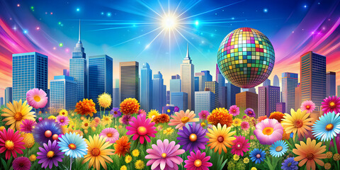 Vibrant cityscape with a disco theme and colorful summer flowers, perfect for celebration banners and advertisements, , music,art