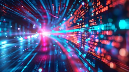 Poster - Digital abstract of data flowing with code in the background.