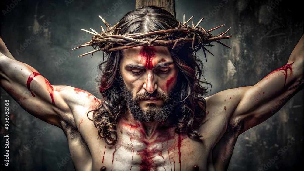 Bloody jesus on the cross with crown of thorns , religion, Christianity
