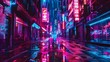 © improvee design - Digital illustration of a futuristic cityscape at night with neon signs and glowing lights. The wet street reflects the colorful lights.