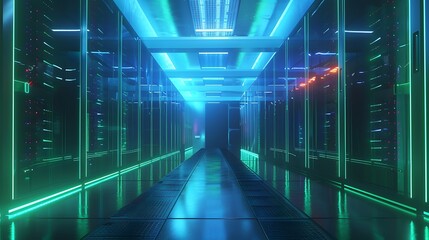 Poster - Long hallway of server racks with glowing neon lights illuminating the room