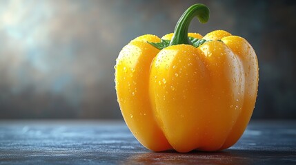 A vibrant yellow bell pepper with water droplets on a surface.