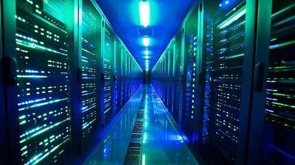 Fototapete - Long hallway inside a server room, showcasing rows of servers with bright blue and green lights illuminating the space.