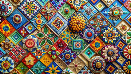 Colorful mosaic tile art featuring a vibrant mix of tiles in various shapes and sizes, mosaic, tiles, colorful, vibrant