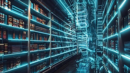 Poster - Futuristic library filled with bookshelves that glow with a blue neon light, symbolizing the digital age of knowledge and information.