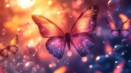 Colorful butterflies with translucent wings flutter above abstract bubbles in soft pastel backgrounds, creating a whimsical and dreamy atmosphere