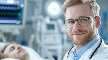 Poster - A doctor is smiling at a patient in a hospital bed