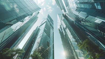 Wall Mural - Low-angle perspective showcasing towering skyscrapers in a modern city. The glass facades reflect the blue sky and sunshine, creating a vibrant urban scene.