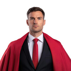 A confident man in a formal suit with a red cape embodies leadership and strength, perfect for themes of power and authority.