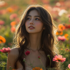 Poster - young beautiful woman standing in field of flowers