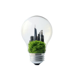 A light bulb showcasing an urban landscape intertwined with greenery, symbolizing innovation and sustainability in city planning.