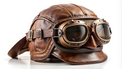 A timelessly stylish vintage leather aviator's helmet with goggles isolated on a crisp white background showcases its