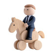 © 1000lnw - A wooden toy figure in a suit rides a wooden horse, symbolizing playfulness and imagination in a professional setting.