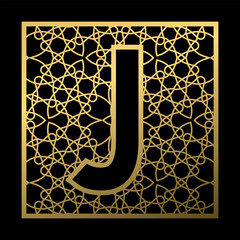 Poster - Letter J is carved in vintage patterned square on black background. Golden monogram in vintage style.