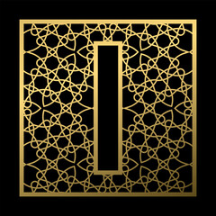 Poster - Letter I is carved in vintage patterned square on black background. Golden monogram in vintage style.