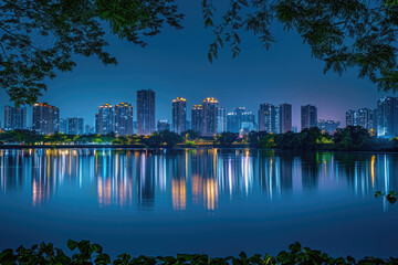 Poster - At night, the city's high-rise buildings by the lake