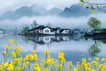 Poster - In spring, rapeseed flowers bloom, and houses by the lake