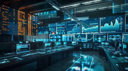 Poster - Futuristic trading room is equipped with digital screens displaying financial data graphs diagrams to monitor analyze market trends real-time providing a visual representation of the financial world.