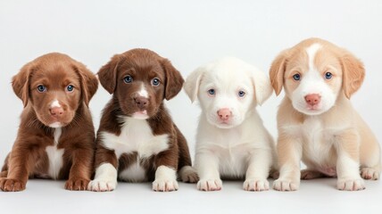 Four puppies are sitting in a row, with one brown and three white