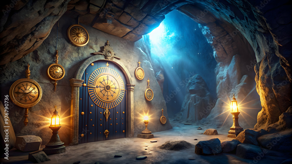 Ancient cave with mystical clocks displaying Egyptian symbols at ...