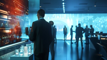Poster - Group of businessmen gather around a large screen displaying data and visualizations in a futuristic setting.