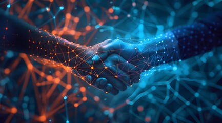 Poster - Abstract digital handshakes and network connections on a dark background, symbolizing technological collaboration in business or tech innovation