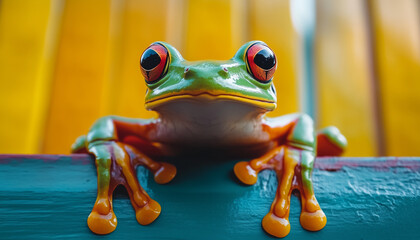 Colorful tree frog with bright eyes on a vibrant wooden surface.