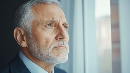 Poster - A man with a beard and gray hair is looking out the window