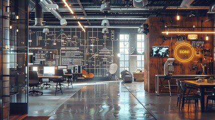 Poster - Sleek modern loft office with an industrial edge. Sunlight streams through large windows, illuminating a spacious workspace with sleek desks, comfortable chairs, and state-of-the-art technology.
